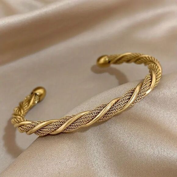 Gold Twisted Mesh Cuff Bangle Bracelet Stainless Steel Braided Retro Style - Picture 3 of 8